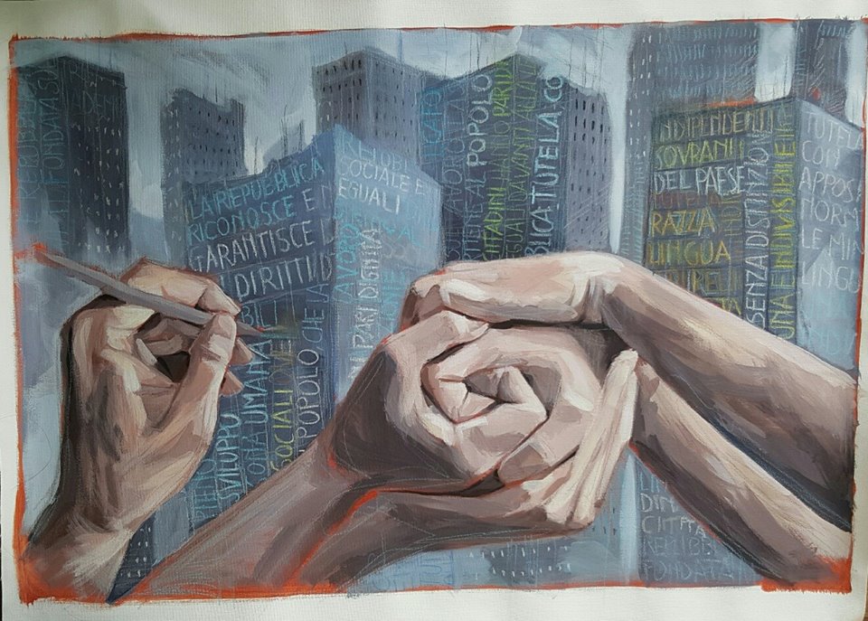 Bozzetto del pannello che sarà realizzato per il Polo del '900 dagli studenti della scuola di pittura del prof. Giuseppe Leonardi dell’Accademia delle Belle Arti di Torino, con il coordinamento di Edoardo di Mauro e Vito Navolio del Museo d'Arte Urbana.
